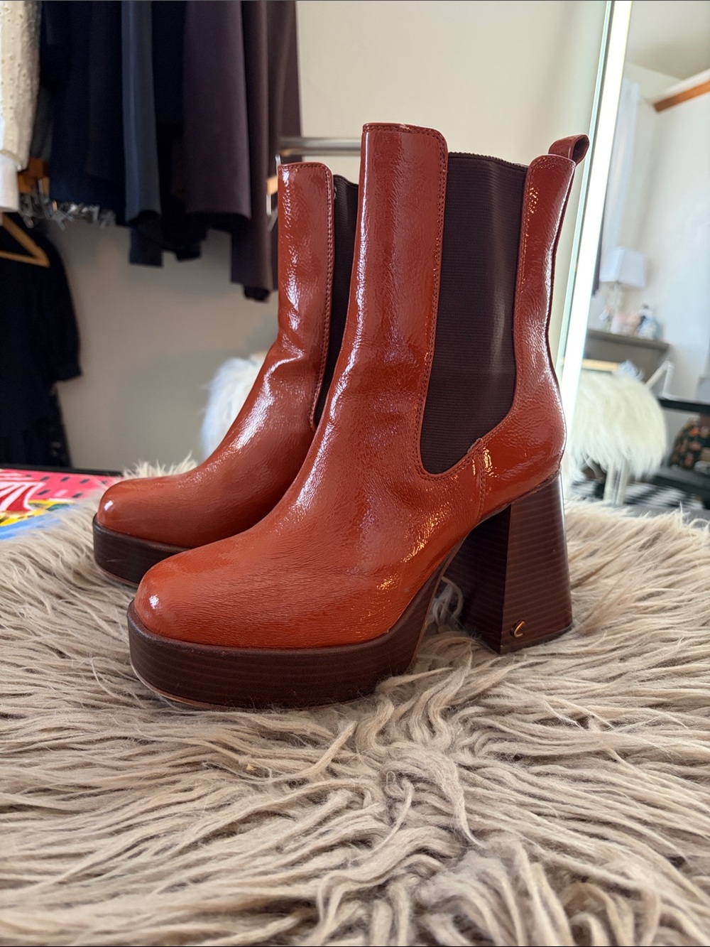 Sam Edelman Circus Patent Leather Platform Chelsea Boots - Rust
